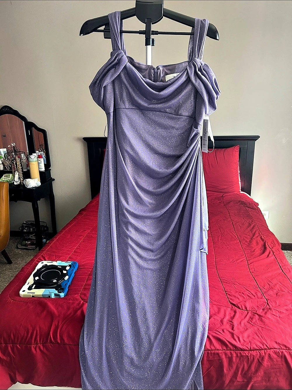 Alex Evenings Glitter Mesh Cold-Shoulder Gown Purple Size 12